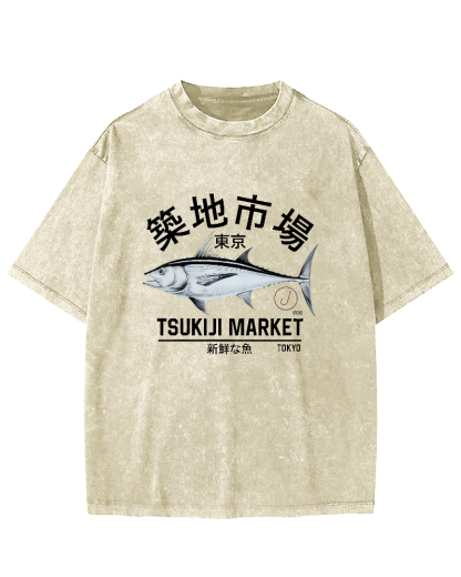 Japanese Sea Fish Pattern Vintage Distressed T-shirt-Zazasy