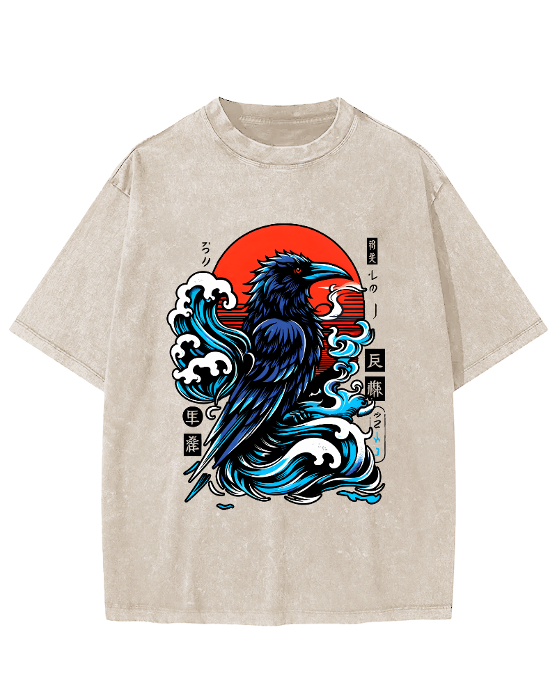 Crows in The Waves, Japanese Style Vintage Distressed T-shirt-Zazasy