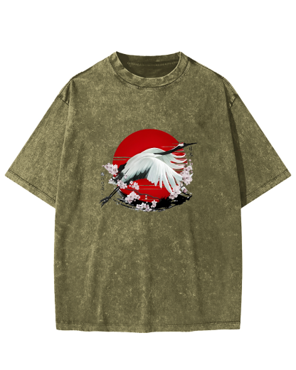 Japanese Flying Crane Pattern Vintage Distressed T-shirt-Zazasy