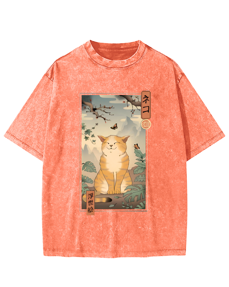 Cute and Lazy Cat Japanese Style Vintage Distressed T-shirt-Zazasy