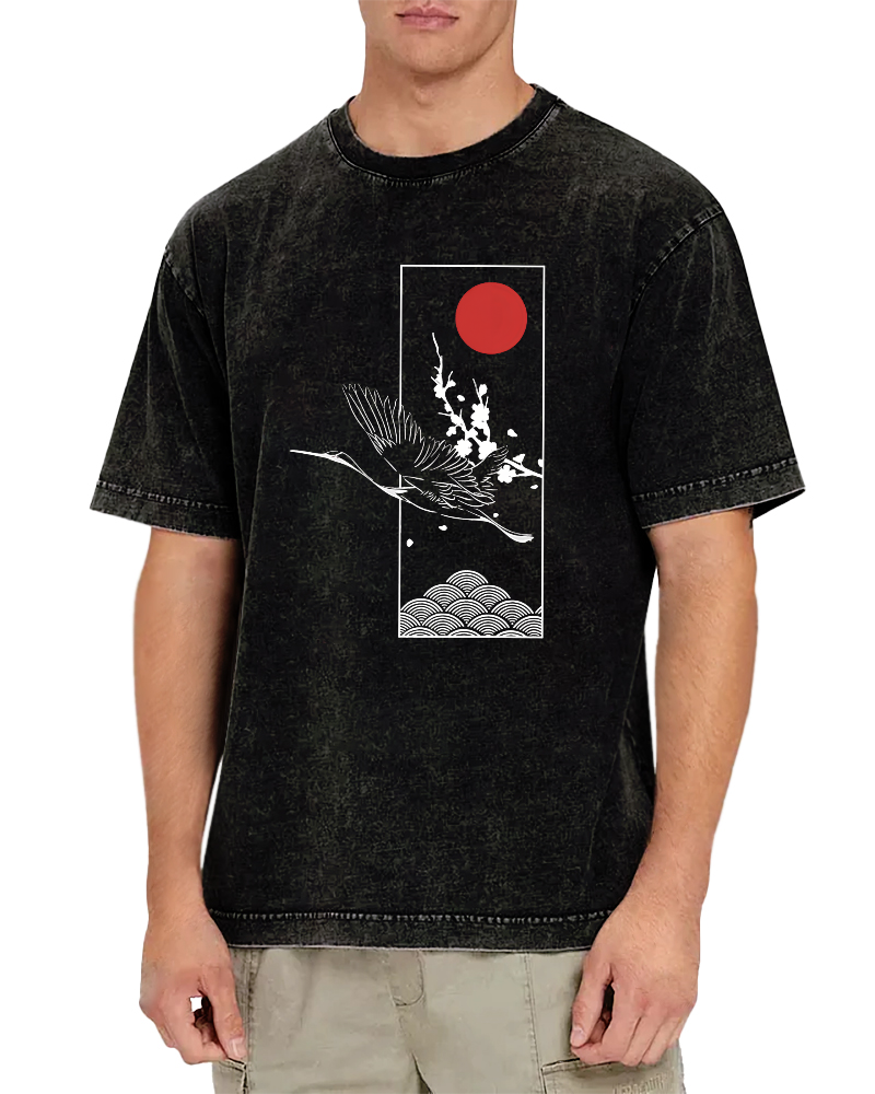 Japanese Sunrise Flying Crane Pattern Vintage Distressed T-shirt-Zazasy