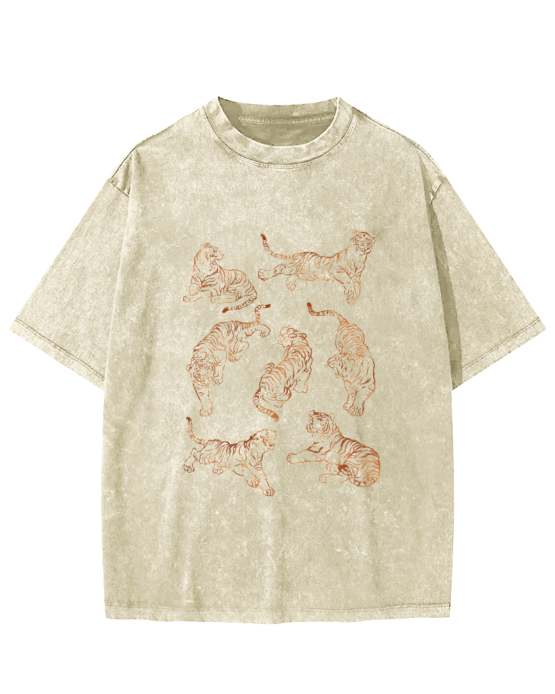 Japanese Tiger Pattern Leisure Vintage Distressed T-shirt-Zazasy