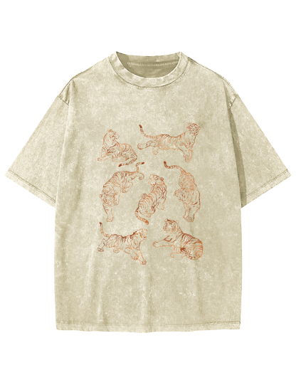 Japanese Tiger Pattern Leisure Vintage Distressed T-shirt-Zazasy
