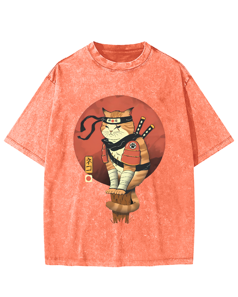 Abstract Samurai Cat Pattern Japanese Style Vintage Distressed T-shirt-Zazasy