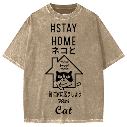 Stay Home With Cat Japanese Vute Cat Vintage Washed T-shirt