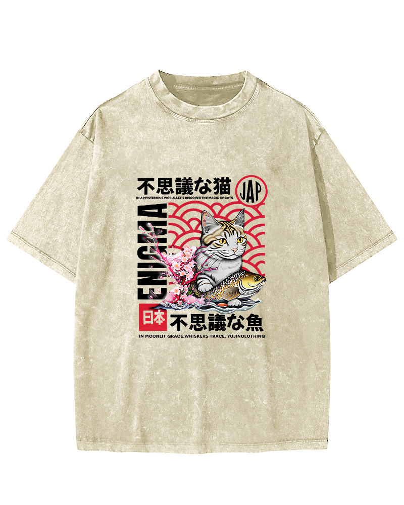 Japanese Cat Pattern Vintage Distressed T-shirt-Zazasy