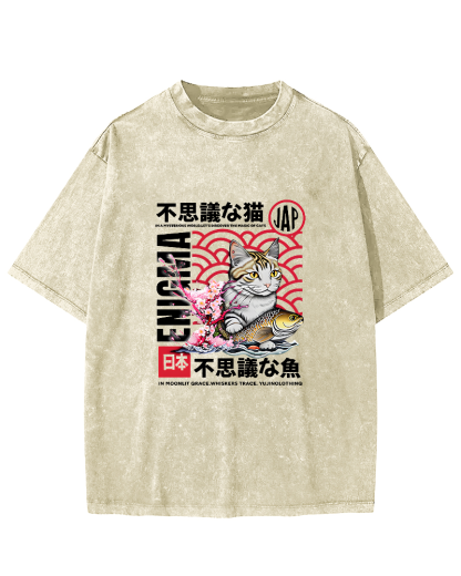 Japanese Cat Pattern Vintage Distressed T-shirt-Zazasy