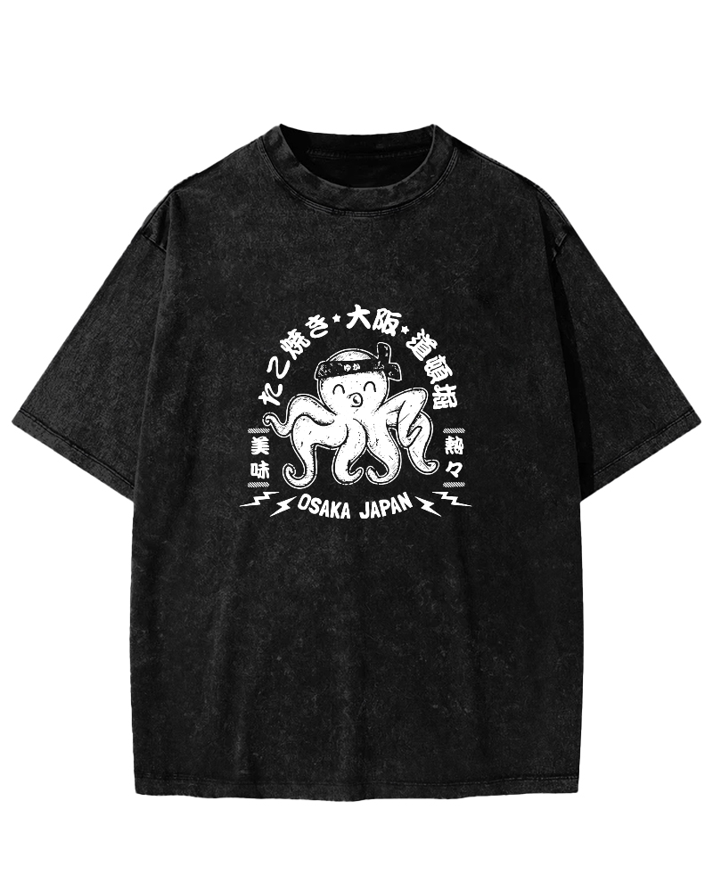 Japanese Script Octopus Pattern Vintage Distressed T-shirt-Zazasy