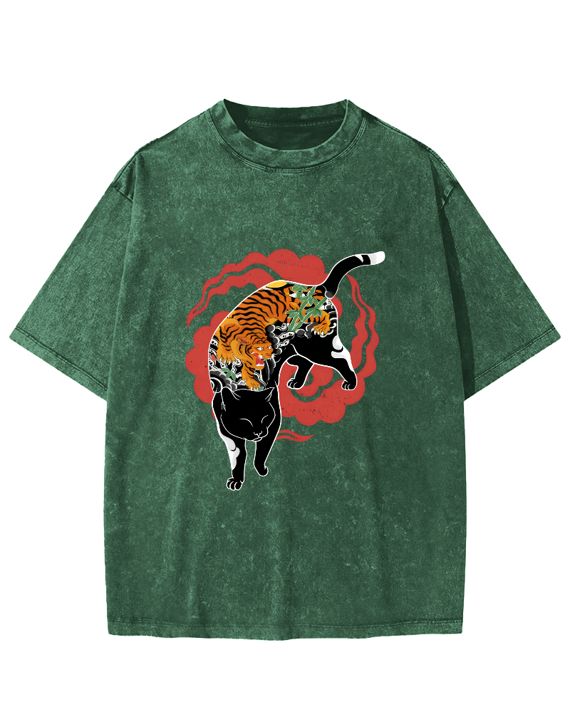 Tiger and Cat Pattern Vintage Distressed T-shirt-Zazasy