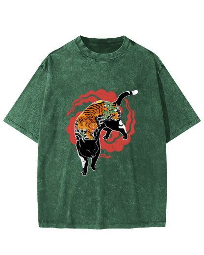 Tiger and Cat Pattern Vintage Distressed T-shirt-Zazasy