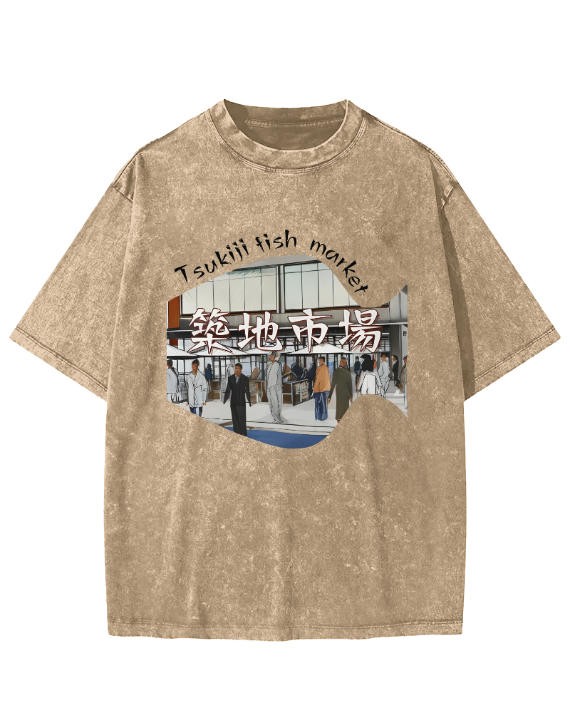Tokyo Fish Market, Japan Vintage Washed T-shirt-Zazasy