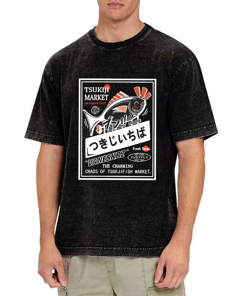 Small Fish Pattern Japanese Style Vintage Distressed T-shirt-Zazasy