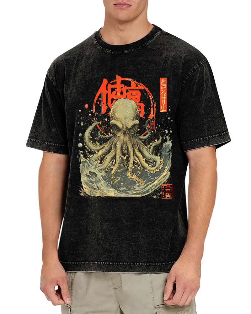 Japanese Style Octopus in the Huge Waves Vintage Washed T-shirt-Zazasy