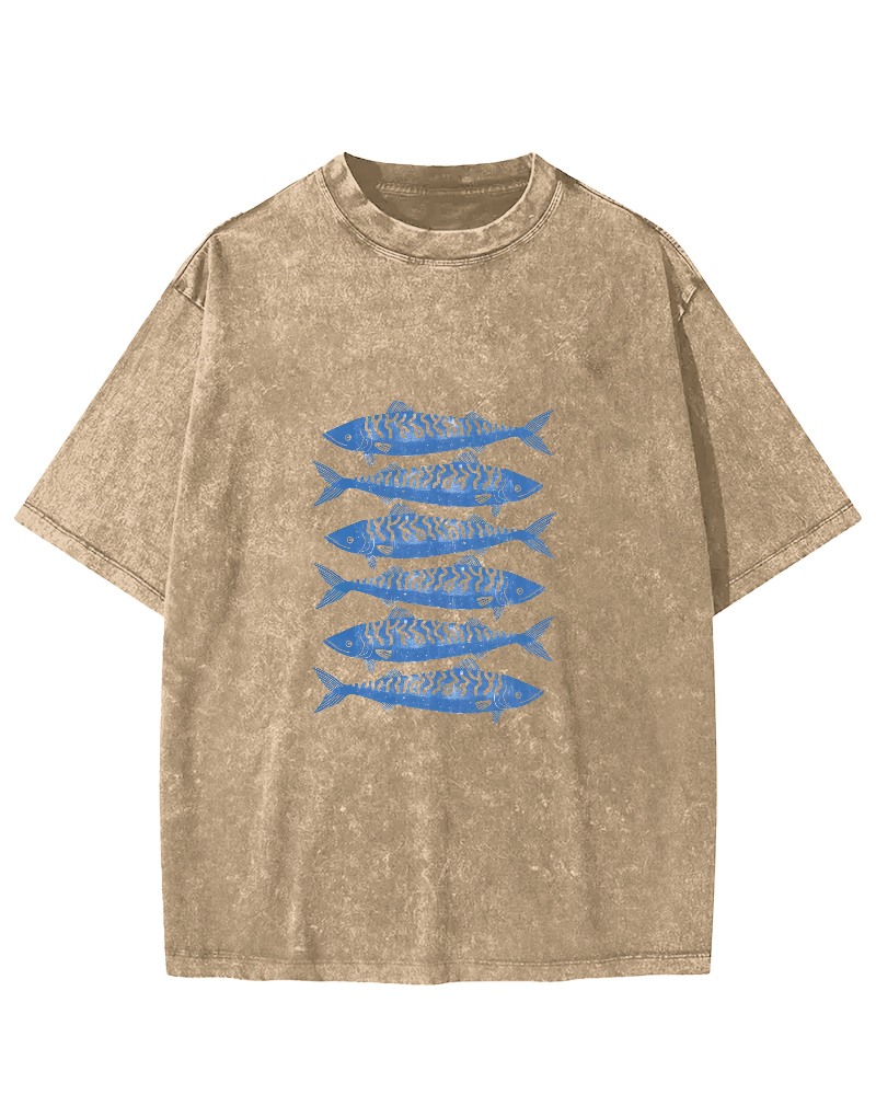 Retro Sea Fish Pattern Vintage Distressed T-shirt-Zazasy