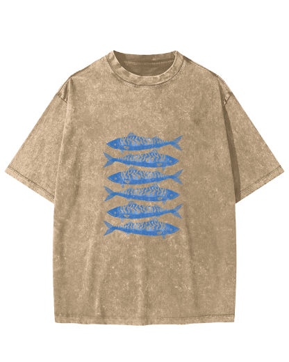 Retro Sea Fish Pattern Vintage Distressed T-shirt-Zazasy