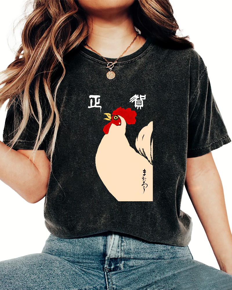 Japanese Script Chicken Pattern Vintage Distressed T-shirt-Zazasy