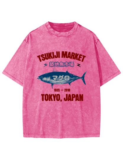 Japanese Tuna Pattern Vintage Distressed T-shirt-Zazasy