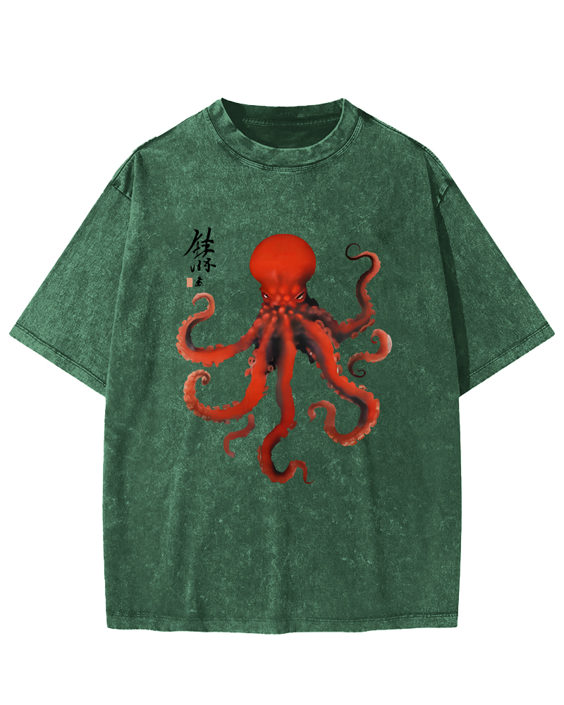 Japanese Octopus Vintage Washed T-shirt-Zazasy