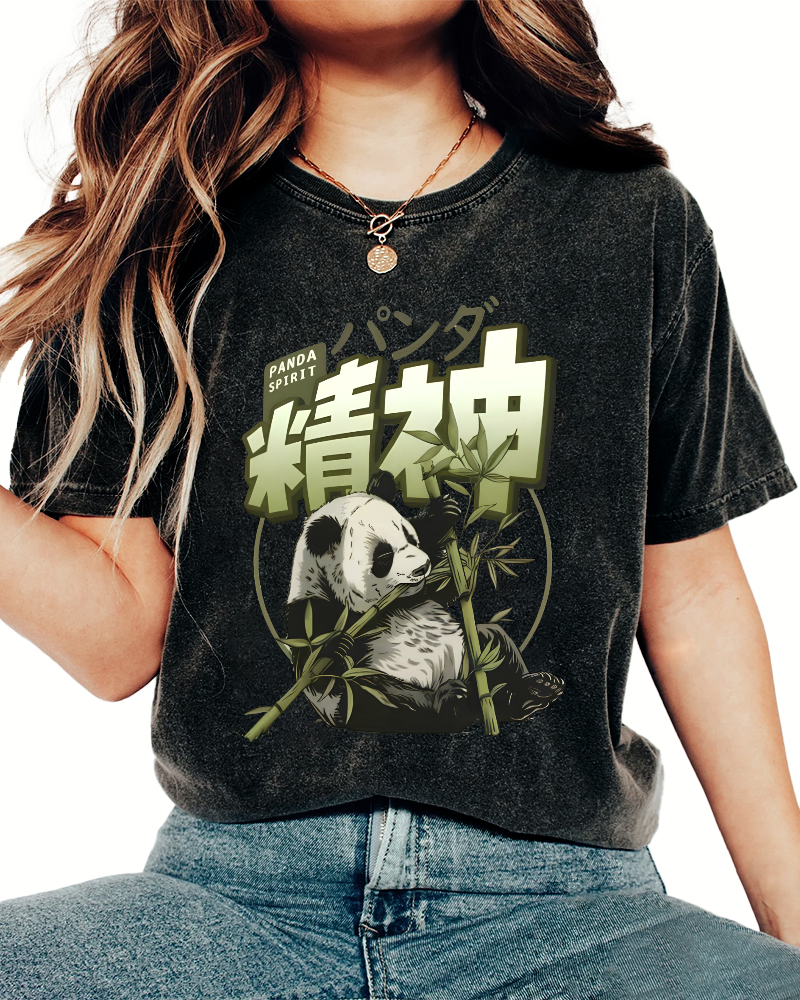 Panda Who Loves Bamboo, Japanese Style Vintage Washed T-shirt-Zazasy