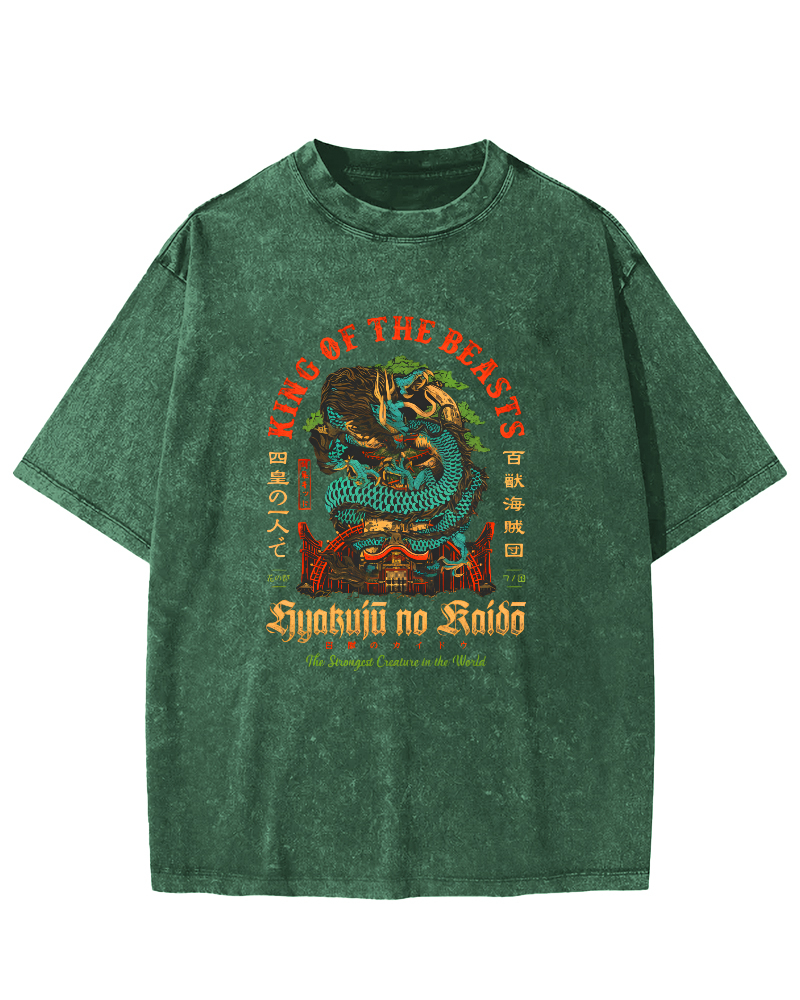 Japanese Mythological Dragon Pattern Vintage Distressed T-shirt-Zazasy