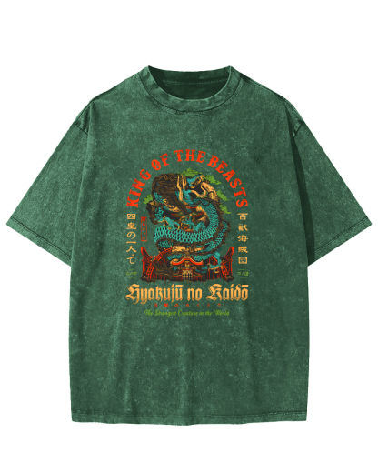 Japanese Mythological Dragon Pattern Vintage Distressed T-shirt-Zazasy
