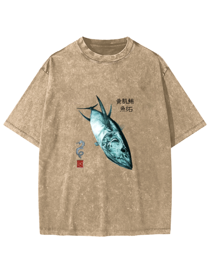 Japanese Tuna Pattern Vintage Distressed T-shirt-Zazasy