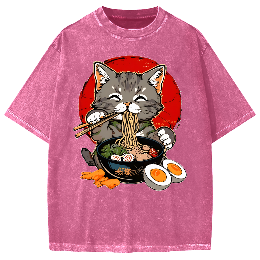 Japanese Anime Cat Eating Ramen Vintage Washed T-shirt