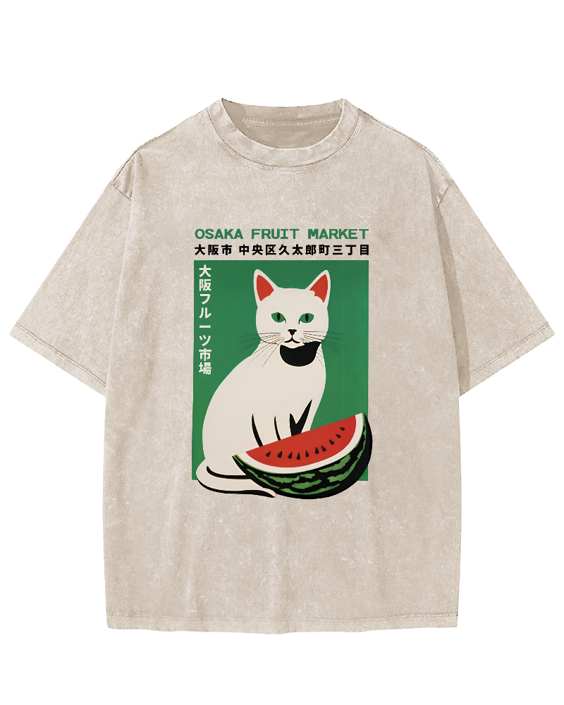Cat Who Loves To Eat Watermelon Japanese Style Vintage Distressed T-shirt-Zazasy