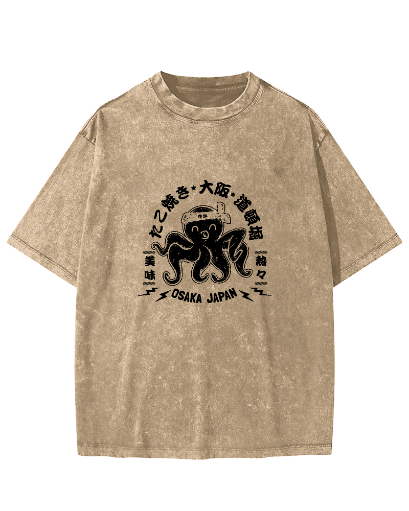 Japanese Script Octopus Pattern Vintage Distressed T-shirt-Zazasy