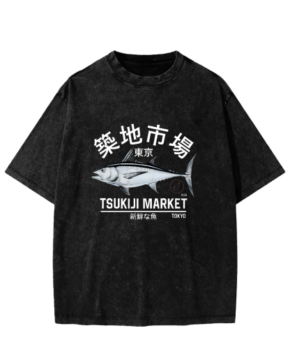 Japanese Sea Fish Pattern Vintage Distressed T-shirt-Zazasy