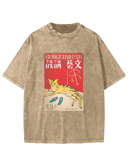 Japanese Cat Pattern Vintage Distressed T-shirt-Zazasy