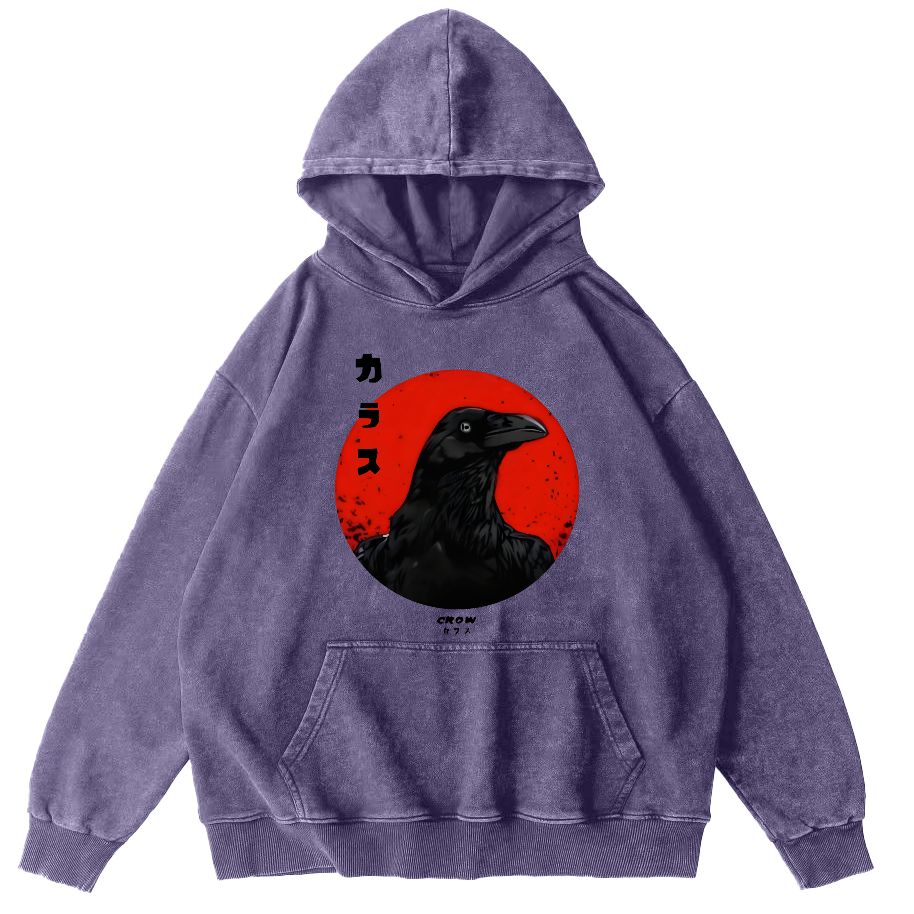 Simple Crow Japanese Style Vintage Distressed Hoodie-Zazasy