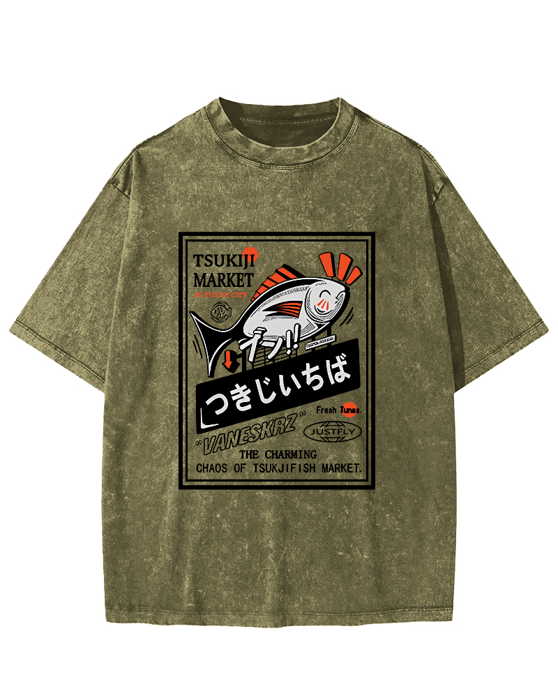Small Fish Pattern Japanese Style Vintage Distressed T-shirt-Zazasy