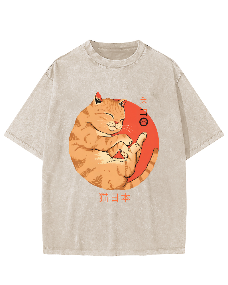 Lazy Japanese Cat Vintage Distressed T-shirt-Zazasy