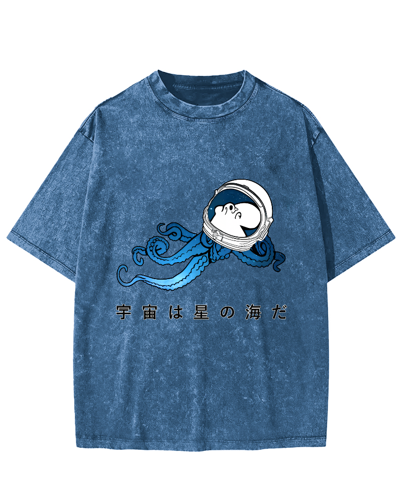 Japanese Style Octopus In Space Vintage Distressed T-shirt-Zazasy