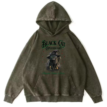 Black Cat Vintage Washed Hoodie-Zazasy