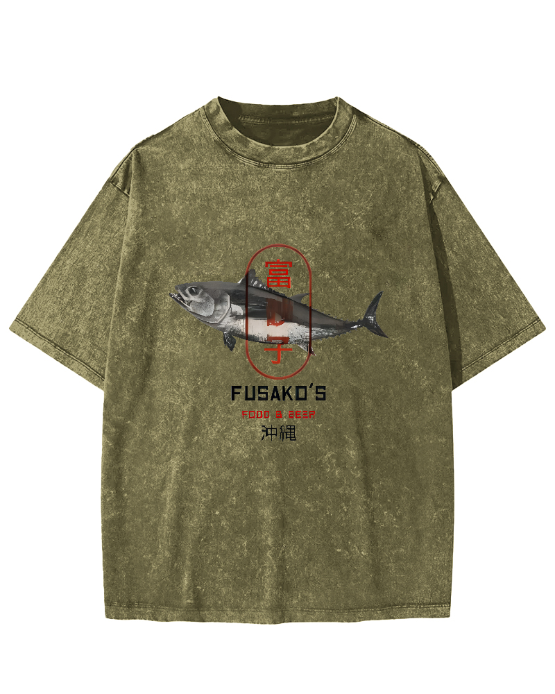 Seafood Market Japanese Washed T-shirts-Zazasy