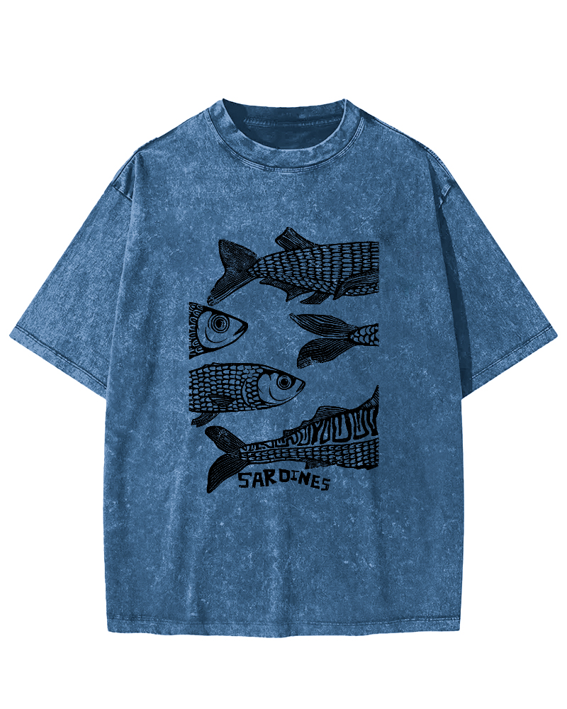 Retro Sea Fish Pattern Vintage Distressed T-shirt-Zazasy