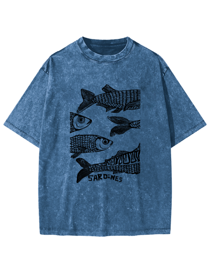 Retro Sea Fish Pattern Vintage Distressed T-shirt-Zazasy