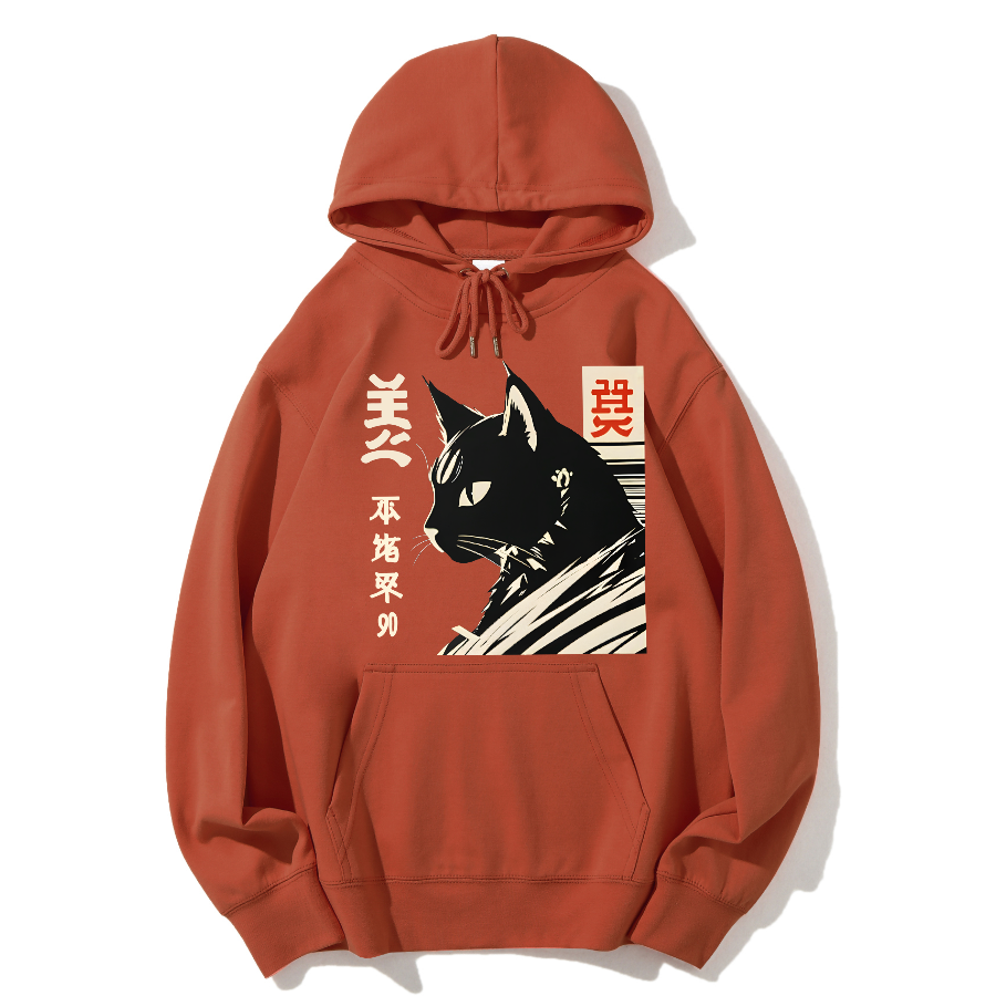 Japanese Black Cat Cotton Hoodie