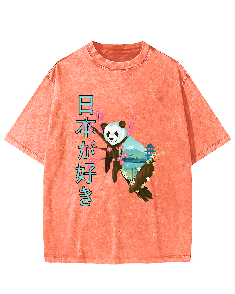 Cute Panda Japanese Style Vintage Washed T-shirt-Zazasy