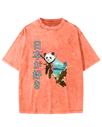 Cute Panda Japanese Style Vintage Washed T-shirt-Zazasy
