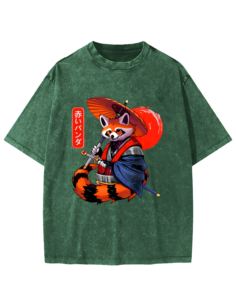 Japanese Red Fox Warrior Vintage Washed T-shirt-Zazasy