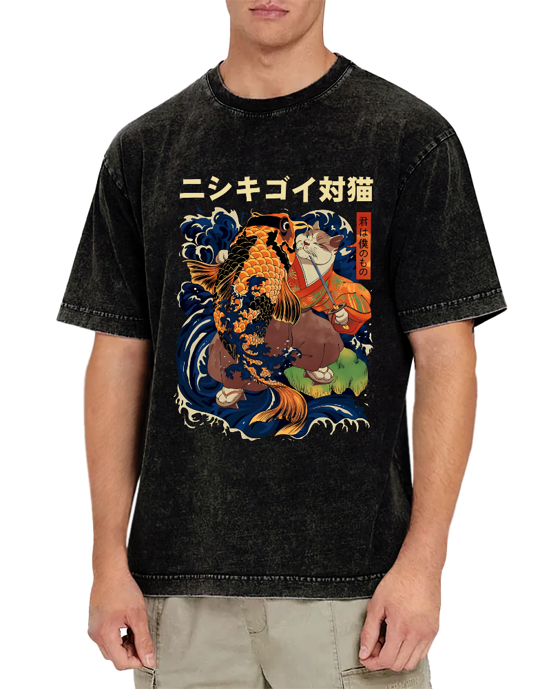 Koi and Cat Japanese Style Vintage Distressed T-shirt-Zazasy