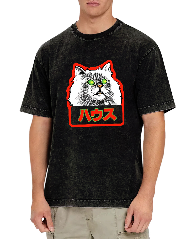 Residential White Cat Japanese Washed T-Shirt-Zazasy