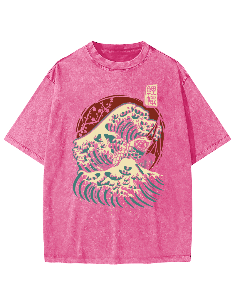 Koi Fish Wave Japanese Style Vintage Washed T-shirt-Zazasy