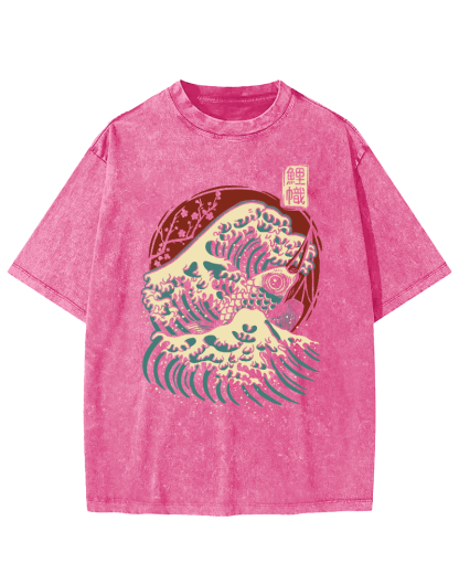 Koi Fish Wave Japanese Style Vintage Washed T-shirt-Zazasy