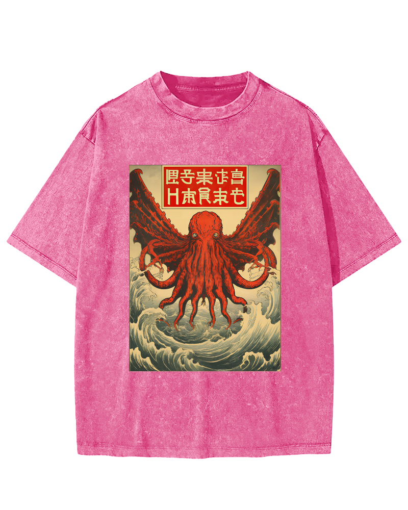 The Japanese Style Octopus Monster in The Huge Waves Vintage Washed T-shirt-Zazasy