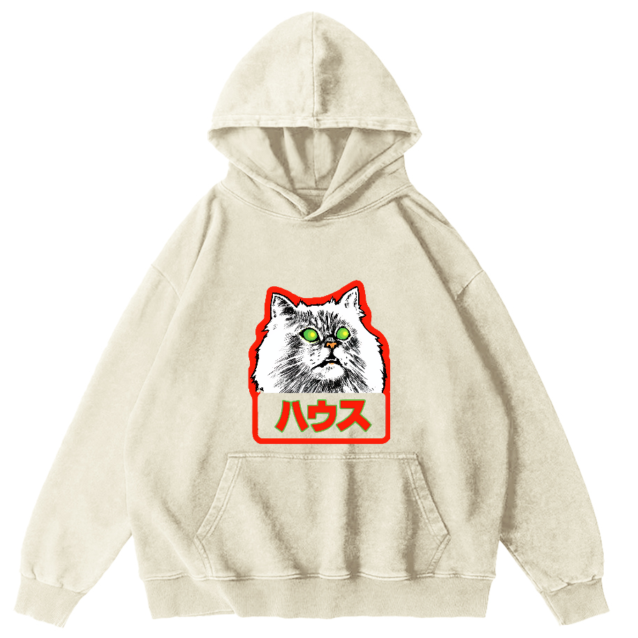 Residential White Cat Japanese Washed Hoodie-Zazasy