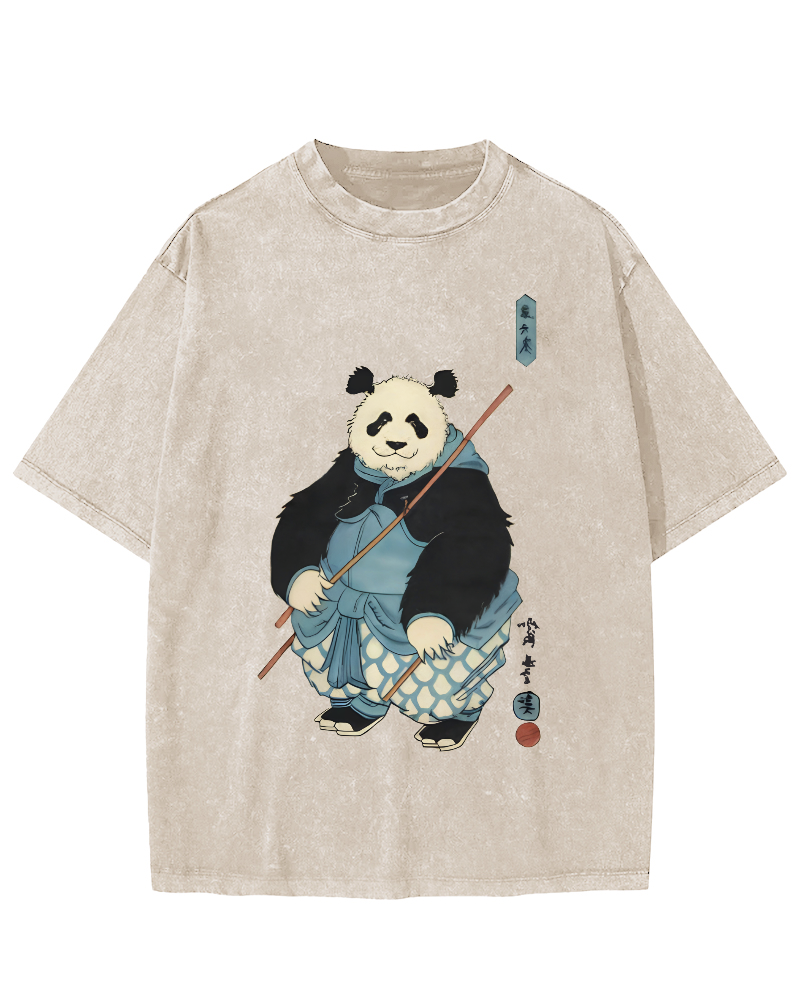 Panda Hero Japanese Style Vintage Washed T-shirt-Zazasy